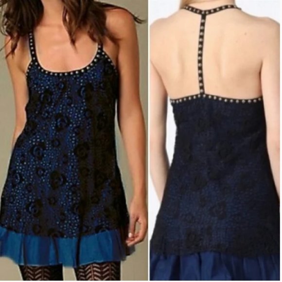 Free People Black Lace Overlay Studded Strap Mini Dress Size 2 - Picture 1 of 8